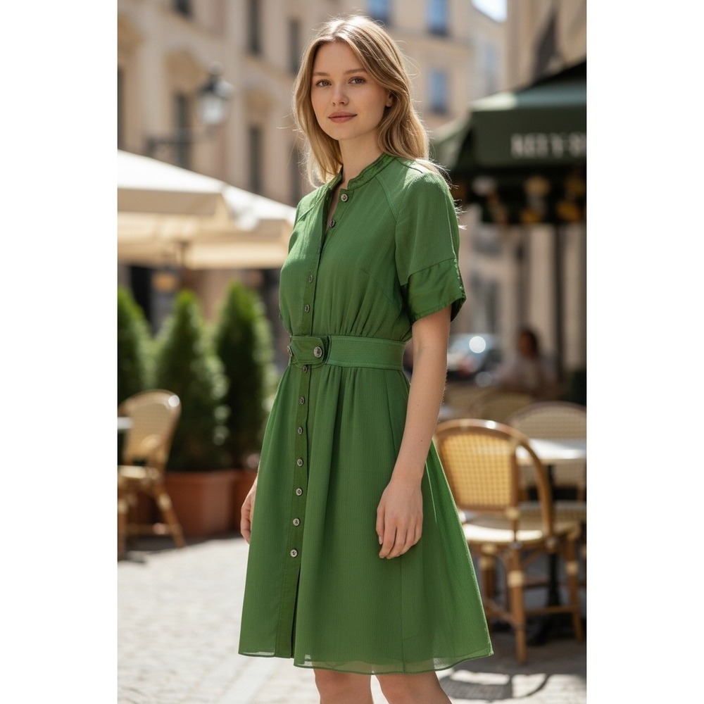 Catherine Malandrino‎ Green 100% Silk Shirt Dress Short Sleeve Belted Size 0
